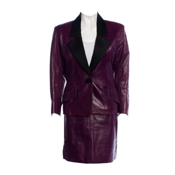 YVES SAINT LAURENT 1990s Plum Leather and Satin Blazer Jacket and Skirt Set S - Picture 1 of 7